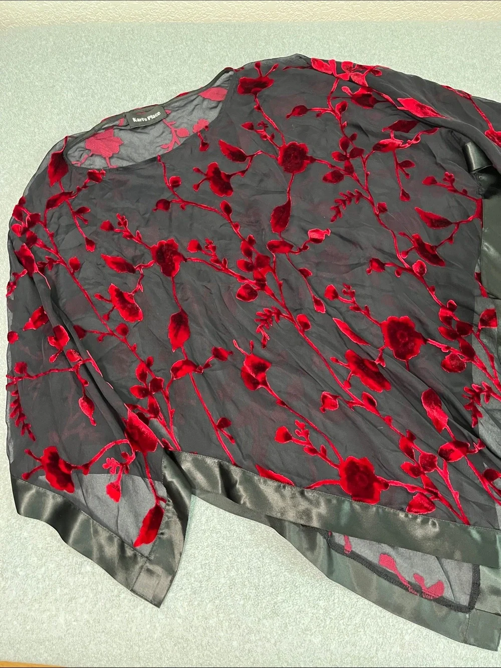 Black Sheer Poncho Coverup Red Velvet Floral Burnout Large Whimsigoth Dark Vamp